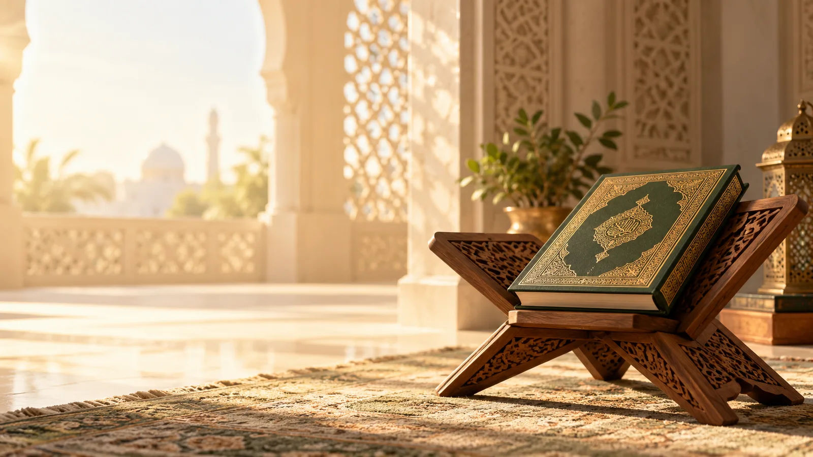 An ornate Quran on a wooden stand in a bright room